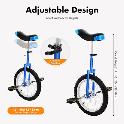 16/24 Inch Wheel Unicycle with Steel Rim, Unicycle Electric Wheel Skidproof Mountain Tire Cycling Sports Exercise with Adjustable Seat, Adults Kids Outdoor Sports Fitness Exercise Tool