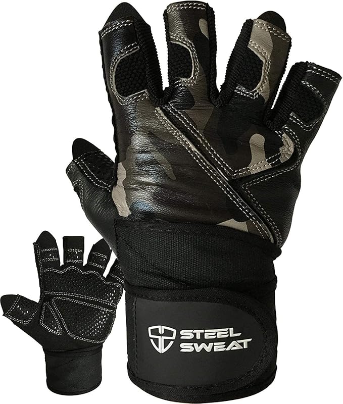 Steel Sweat Weightlifting Gloves - 18 inch Wrist Wrap Support for Workout, Gym and Fitness Training - Best for Men and Women Who Love Weight Lifting - Leather Zed Pro (Camo, Large)