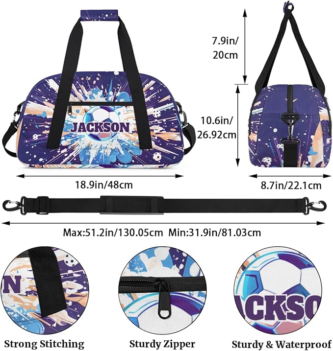 Personalized Soccer Gym Duffel Bags for Kids Boys with Custom Name Sport Training Travel Bags for Overnight Weekender, Purple