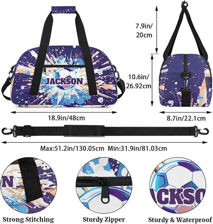 Personalized Soccer Gym Duffel Bags for Kids Boys with Custom Name Sport Training Travel Bags for Overnight Weekender, Purple
