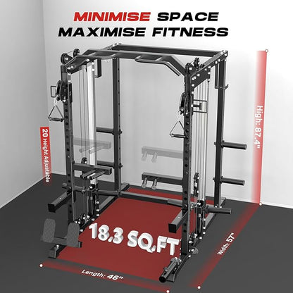 Power Cage Home Gym, Dual Pulley Cable Crossover System, All-in-One Squat Power Rack with Strength Training Attachments for Full-Body Workouts