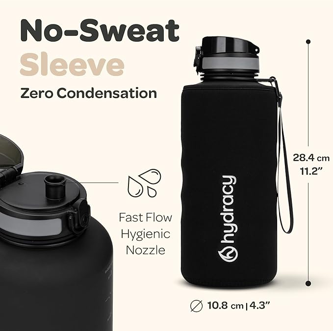 Hydracy Water Bottle with Time Marker -Large BPA Free Water Bottle & No Sweat Sleeve -Leak Proof Gym Bottle with Fruit Infuser Strainer & Times to Drink -Ideal for Fitness Sports & Outdoors