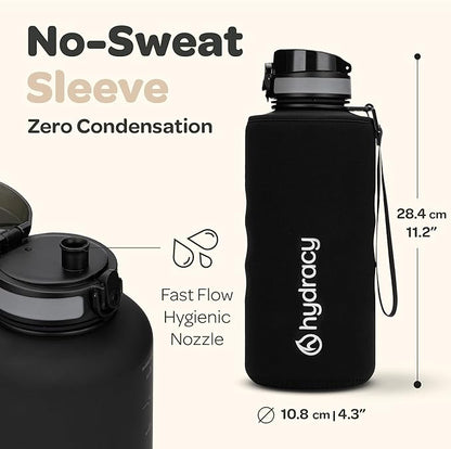 Hydracy Water Bottle with Time Marker -Large BPA Free Water Bottle & No Sweat Sleeve -Leak Proof Gym Bottle with Fruit Infuser Strainer & Times to Drink -Ideal for Fitness Sports & Outdoors