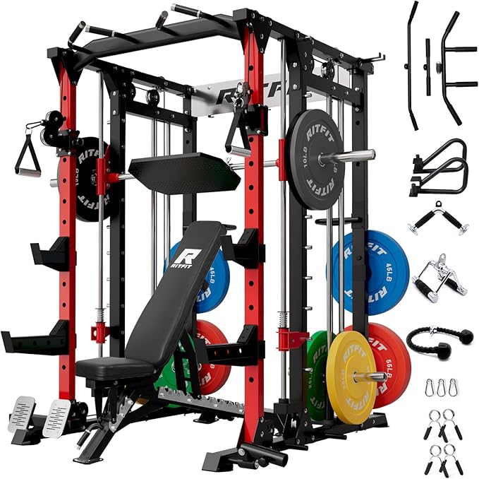 RitFit Buffalo Smith Machine, Power cage with LAT-Pull Down System & Cable Crossover System, All-in-One Squat Rack for Home Gym, Power Rack
