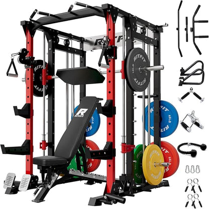 RitFit Buffalo Smith Machine, Power cage with LAT-Pull Down System & Cable Crossover System, All-in-One Squat Rack for Home Gym, Power Rack