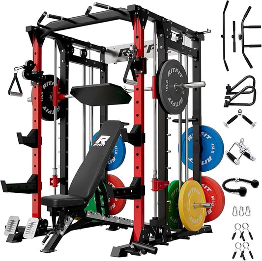 RitFit Buffalo Smith Machine, Power cage with LAT-Pull Down System & Cable Crossover System, All-in-One Squat Rack for Home Gym, Power Rack