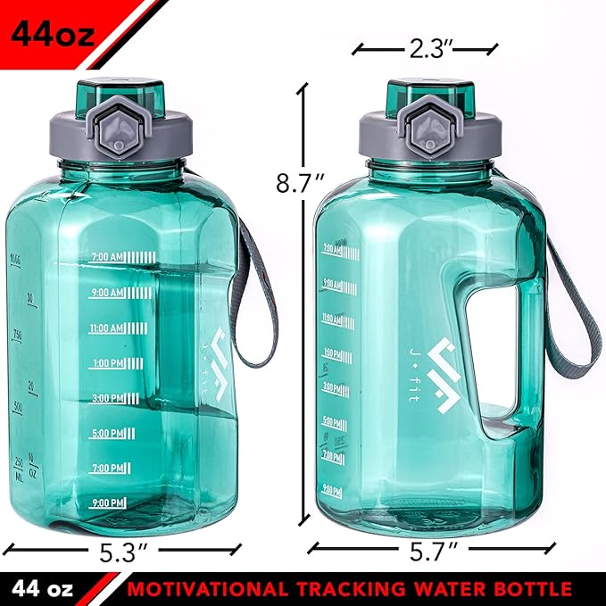 JFIT BPA Free Reusable Sports Water Bottle w/Time Markers, Leakproof Flip-Top Lid & Carry Strap – Durable PETG, 2.28" Wide-Mouth for Ice – Eco-Friendly, Odor-Free & Easy to Clean