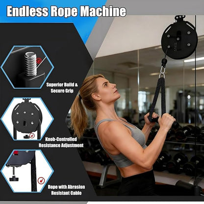 Wall-Mounted Flywheel Endless Rope Trainer, Portable Cable Pulley System with 30kg/330lb Adjustable Resistance, 4m/13.12ft Nylon Rope for Grip Arm Back Training, Home Gym Cardio Workout Gear