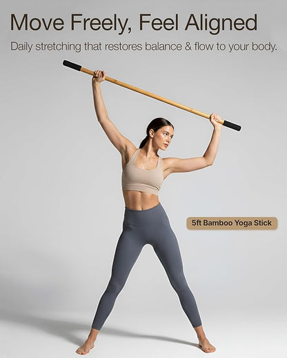 Yoga Stick - 5ft Bamboo Stretching Stick for Mobility with 20+ Video Tutorials - Posture Corrector, Stiffness Relief - Dowel Rod for Physical Therapy, Exercise Stick for Stretching with Non-Slip Grips