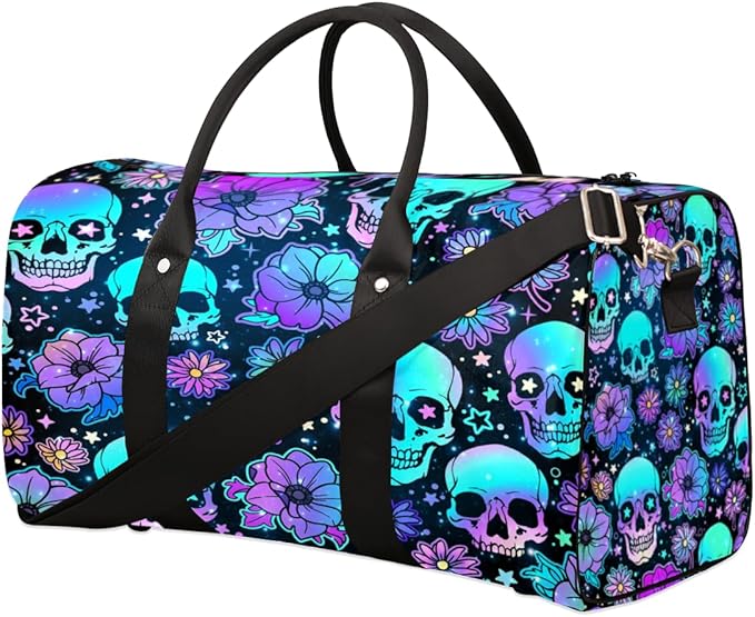 Travel Duffel Bag Skeleton Universe Flower Sport Tote Gym Bag Waterproof Foldable Carryon Weekend Overnight Training Handbag Sports Duffle Bags for Women Men Boys Girls