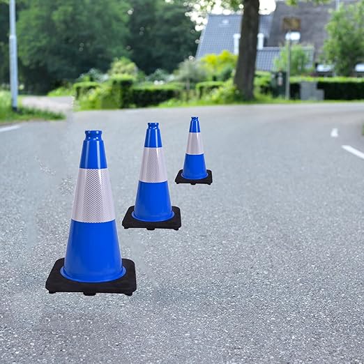 4 Pack 18 Inch Blue Safety Cones Durable with Black Base, Driveway Markers, Skating Practice, Pet Agility Training, Parking Lot Use (4, Blue, 18 Inch)