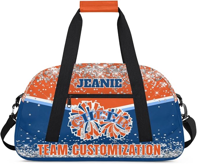 Personalized Cheer Gym Bags for Girls Kids Cheerleaders with Custom Name Sport Dance Perform Training Duffel Bags for Overnight Weekender Travel Orange Blue