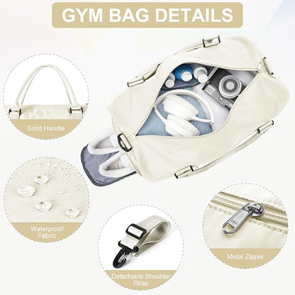 Gym Bag for Women Men with Shoes Compartment & toiletry bag,Sport Swimming Yoga Bag,Waterproof Travel Duffel Bag Small Carry on Bag Overnight Weekender Bags Personal Item Bag for Airlines Cream White