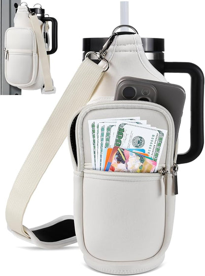 IPOW Magnetic Gym Bag Water Bottle Carrier Holder with Phone Pockets & Shoulder Strap for Men Women,Water Bottle Holder, Gym Pouch, Crossbody Bag for Travel, Sports, Work, Fitness - Beige