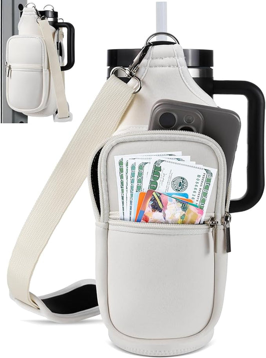 IPOW Magnetic Gym Bag Water Bottle Carrier Holder with Phone Pockets & Shoulder Strap for Men Women,Water Bottle Holder, Gym Pouch, Crossbody Bag for Travel, Sports, Work, Fitness - Beige