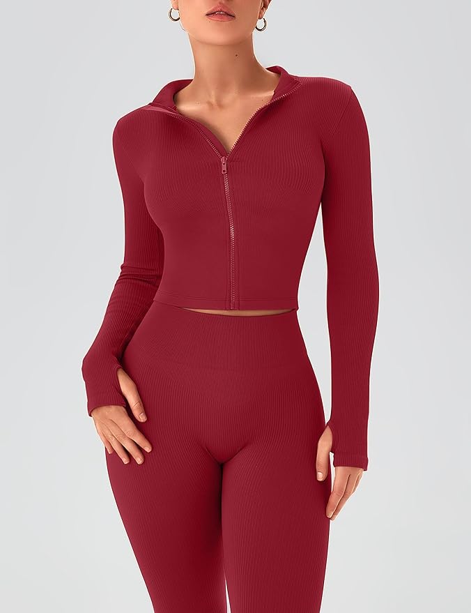 OLCHEE Womens Workout Sets 2 Piece Seamless Ribbed Long Sleeve Yoga Outfits High Waist Leggings Zipper Jacket Thumb Hole Gym