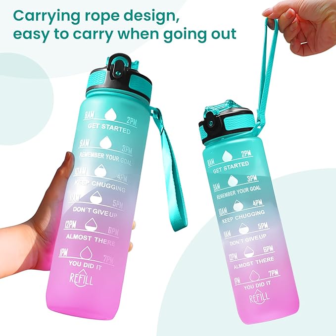 32 oz Water Bottles with Times to Drink and Straw, Motivational Water Bottle with Time Marker, Leakproof & BPA Free, Drinking Sports Water Bottle WIth Hand Strap for Fitness, Gym & Outdoor (green)