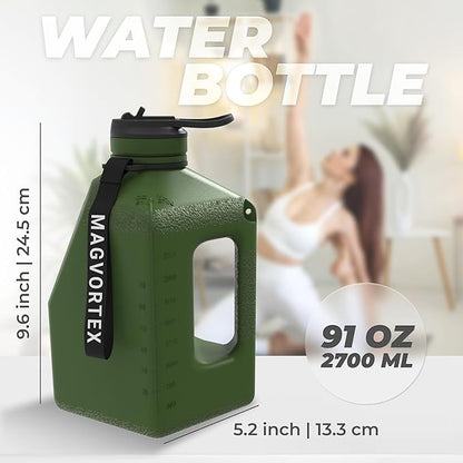 Magvortex Water Bottle 91oz, 2.7 liters BPA-Free Plastic, Magnetic Phone Holder, Wide Mouth, Leakproof Flip-Top Lid, Large Daily Intake Chug Bottle for Hydration, Gym, Hiking & Daily Use