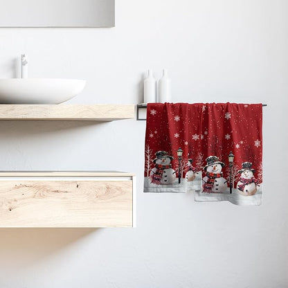Christmas Snowman Red Dish Towels Winter Snow Bathroom Hand Towels 28.3x14 Inch Set of 2 Cute Snowman Snowflake Decorative Bath Towel for Kitchen Gym Spa Hotel
