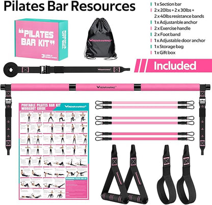Pilates Bar Kit with Resistance Bands, Multifunctional Pilates Bar for Women & Men with Heavy-Duty Metal Adjustment Buckle, Pilates Home Equipment for Full BodyWorkouts