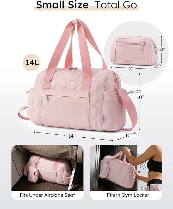 Small Gym Bag for Women, Mini Sports Duffle Bag for Workout Dance Ballet Yoga Gymnastics, Quilted Lightweight Puffer Travel Tote with Detachable Coin Purse & Wet Pocket, Pink