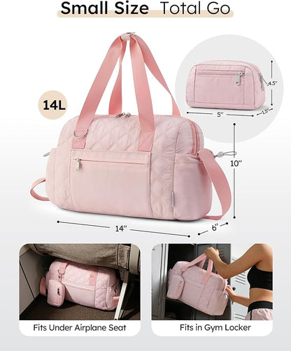 Small Gym Bag for Women, Mini Sports Duffle Bag for Workout Dance Ballet Yoga Gymnastics, Quilted Lightweight Puffer Travel Tote with Detachable Coin Purse & Wet Pocket, Pink