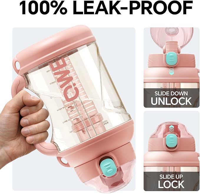 QWE Gym Large Water Bottle for women with lids and Straws&Handle,54oz,Heat-resisting,Reusable,PPSU BPA Free, Plastic Water Bottle Double drinking,leak proof, for Travel,Sport,Outdoors,camping(Pink)