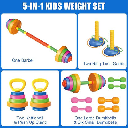 Kids Exercise Weight Set, Barbell and Dumbbell Workout Equipment, Toddler Beginner Gym Toy for Pretend Play Lifting Exercise & Fitness, Adjustable Fill with Sand or Water