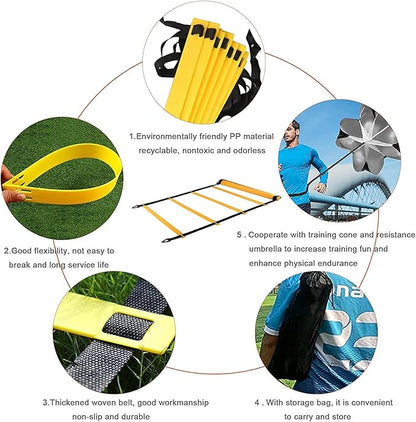 Resistance Parachute Agility Ladder Speed Training Set, 20 Feet Adjustable, 12 Lang Exercise Ladder/Running Parachute/4 Hooks and 10 Disc Cones for Personal Training