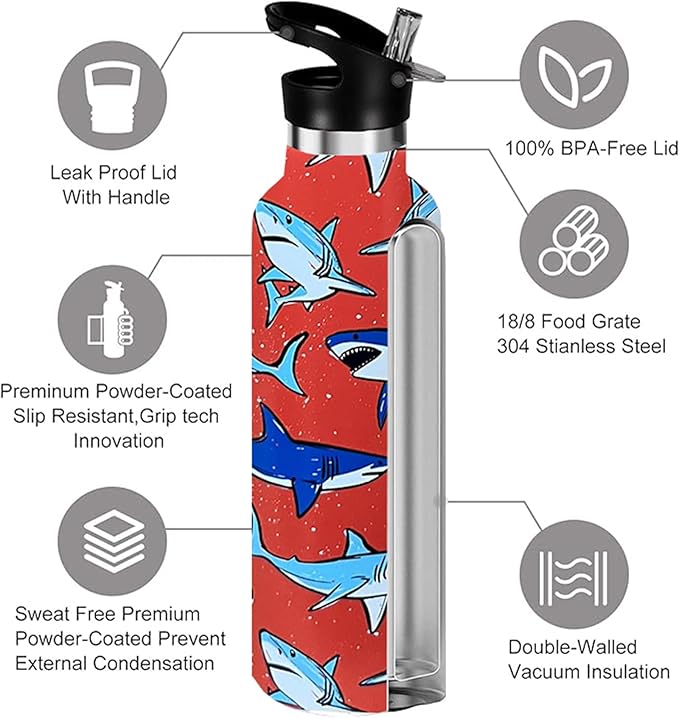 Shark Sport Water Bottle with Straw, Vacuum Insulated Stainless Steel Thermal Drinking Travel Mug Cups For Gym Fitness Camping-20oz/600ml