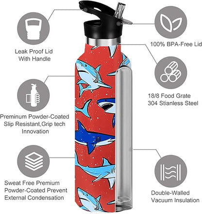 Shark Sport Water Bottle with Straw, Vacuum Insulated Stainless Steel Thermal Drinking Travel Mug Cups For Gym Fitness Camping-20oz/600ml