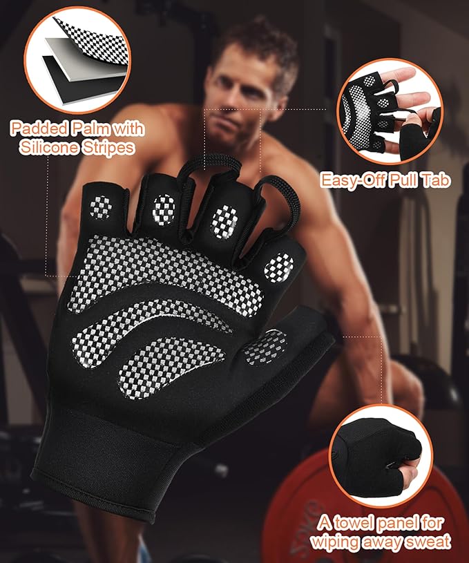 sunnex Weight Lifting Gloves with Extended Wrist Support - High-Grip Silicone Padded Gym Gloves for Men & Women, Breathable Fingerless Workout Gloves for Pull Ups, Training & Powerlifting (Black)