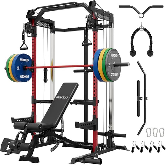 Mikolo Power Cage, 2000LB Power Rack with Independent Dual Pulley System, Multi-Function Home Gym Workout Machine for Cable Crossover