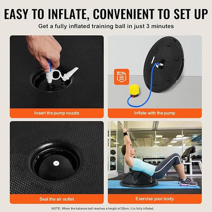 Half Exercise Ball Trainer 23 inch Balance Ball Trainer 1500lbs Capacity Stability Ball with Resistance Bands & Foot Pump, Strength Fitness Ball for Home Gym Full Body Workout
