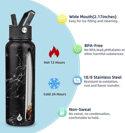 BJPKPK Insulated Water Bottles with Straw Lid, 40oz Stainless Steel Metal Water Bottle with 3 Lids, Reusable Thermo, Keep Cold Hot for Sports, Gym-Midnight