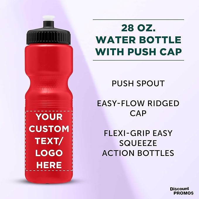 DISCOUNT PROMOS 28 oz. Custom Push Cap Plastic Water Bottles Set of 10/50/100, Personalized Bulk Pack - Perfect for Gym, Hiking, Camping, Outdoor Sports -Red