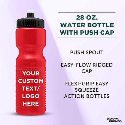 DISCOUNT PROMOS 28 oz. Custom Push Cap Plastic Water Bottles Set of 10/50/100, Personalized Bulk Pack - Perfect for Gym, Hiking, Camping, Outdoor Sports -Red