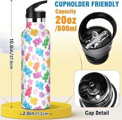 Kids Insulated Water Bottle for Boys Girls Colorful Gummy Bears Stars 20 oz Stainless Steel Travel Mug Sport Water Bottles for Gym School