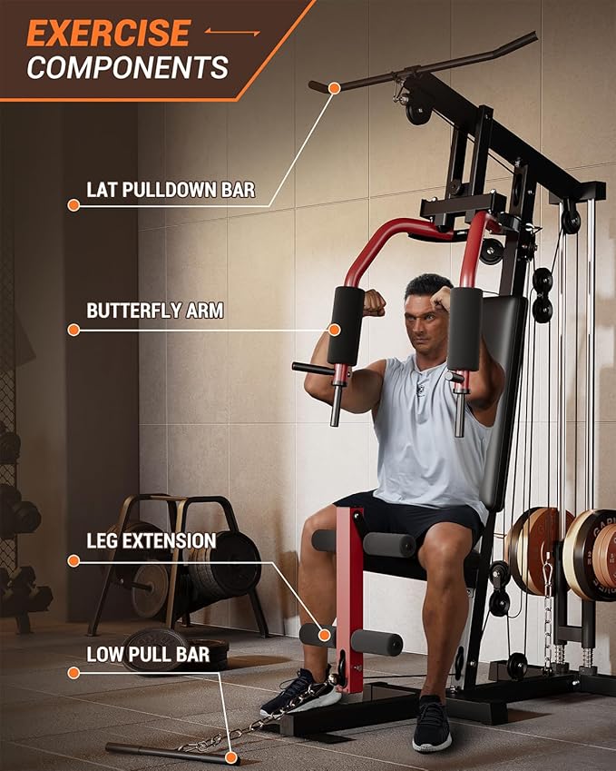 Multifunctional Home Gym Machine, Home Gym Equipment with Leg Press, Full Body Workout Equipment for Strength Training, Max Capacity 400LBS, Fit for 1"&2" Holes of Weight Plates (#A Home Gyme Machine)