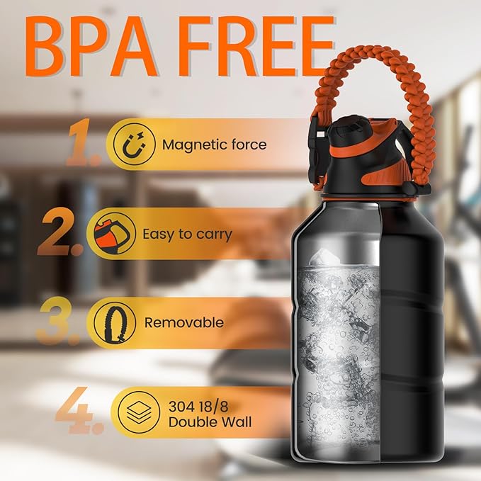 Fjbottle Insulated Half Gallon Water Bottle 64oz with Magnetic Lid,Stainless Steel Double-Wall Vacuum Leak Proof Sports Insulated Jug Keep Water Hot & Cold for Outdoor,Gym Blackorange