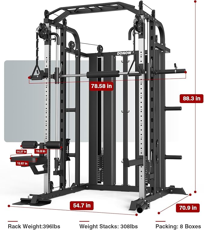 DONOW Smith Machine with Weight Stacks, Multi Function Home Gym System Training Power Cage Squat Rack Dual Cable Crossover Machine All in One