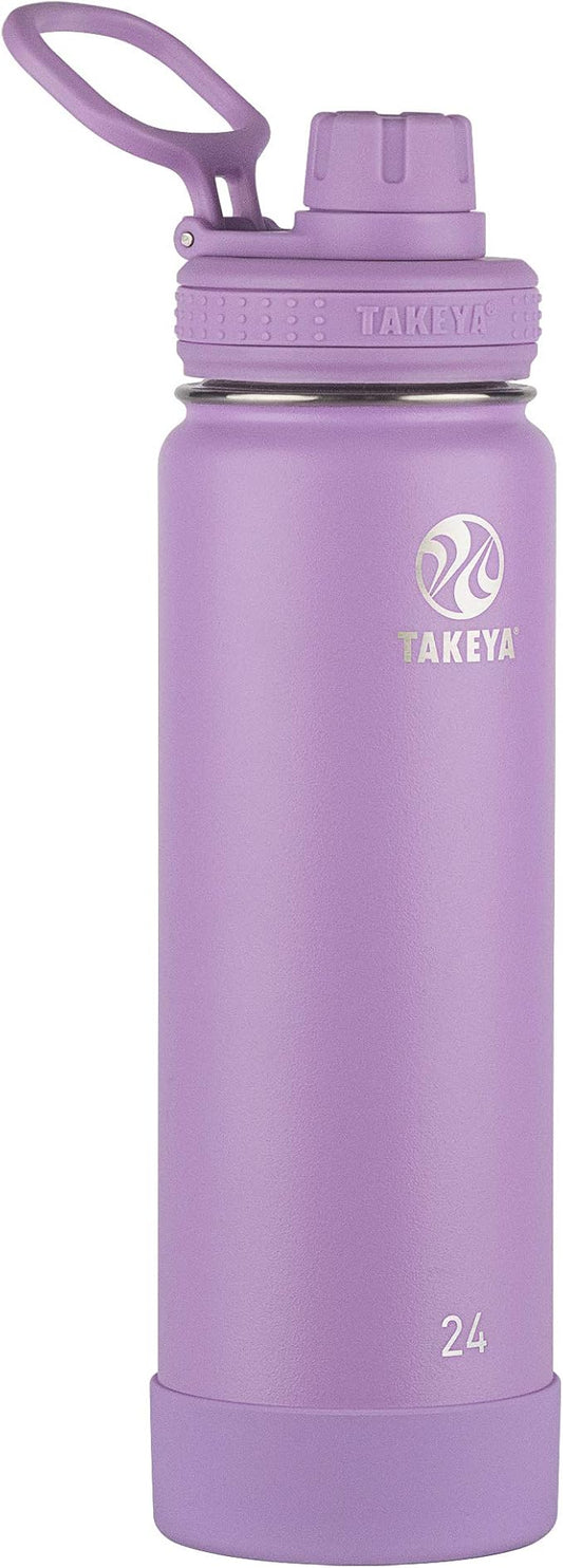 Takeya Actives Stainless Steel Water Bottle, Insulated Spout Lid, Keeps Drinks Cold 24 Hrs, Leakproof, Durable, Dishwasher Safe, Ideal for Gym, Travel, Fits Most Cup Holders, 24 oz/Lilac