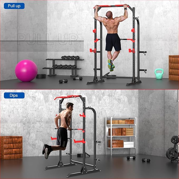 SunHome Power Cage Squat Rack, Power Rack with Pulley System, Adjustable Cable Crossover System, J-Hooks, Dip Handles, Weight Plate Storage
