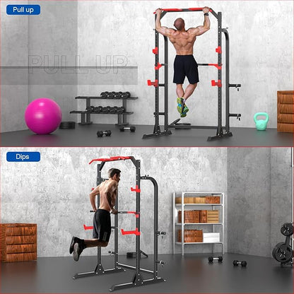 SunHome Power Cage Squat Rack, Power Rack with Pulley System, Adjustable Cable Crossover System, J-Hooks, Dip Handles, Weight Plate Storage