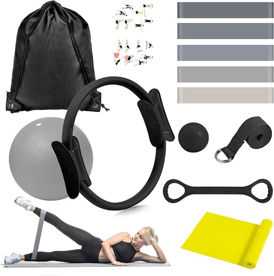 HASHMUST Pilates Ring Kit 12 PCS for Women, Home Workout Equipment with Magic Circle, Mini Exercise Ball, Resistance Bands, Massage Lacrosse, Yoga Strap, Full-Body Fitness Set for Toning & Gift