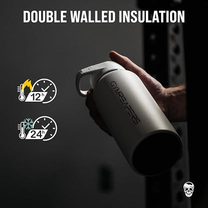 Gymreapers Insulated Water Bottle - Stainless Steel 32 Oz, 3 lids (Straw, Chug, Canteen), Double Walled Vacuum Insulation, Thermo Mug Cold Hot - Durable Powder Coated Finish