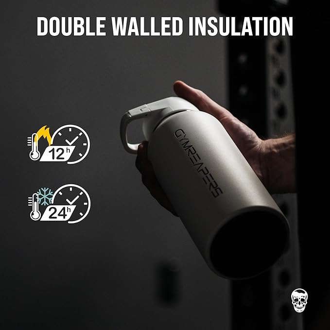 Gymreapers Insulated Water Bottle - Stainless Steel 32 Oz, 3 lids (Straw, Chug, Canteen), Double Walled Vacuum Insulation, Thermo Mug Cold Hot - Durable Powder Coated Finish (Black)