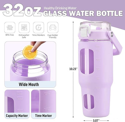 BLUEGO 32oz Glass Water Bottle with Handle and Straw|Leakproof Sports Glass Bottle with Time Marker and Silicone Sleeve|Glass Drinking Bottle for Travel, Gym, Workout, Purple