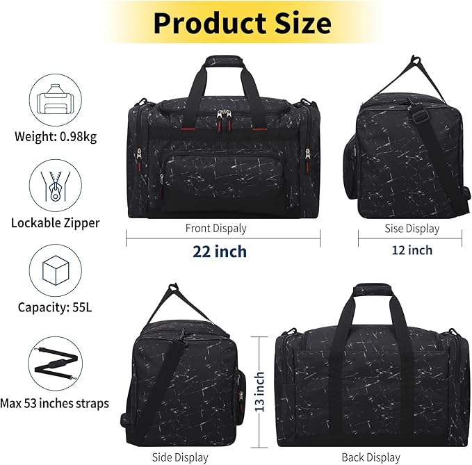 Gym Bag 22 inch Sport Duffle Bag for Men - 55L Weekender Duffel Bag for Travel 22“×12”×13“ - Marble Black