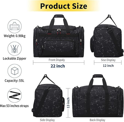 Gym Bag 22 inch Sport Duffle Bag for Men - 55L Weekender Duffel Bag for Travel 22“×12”×13“ - Marble Black